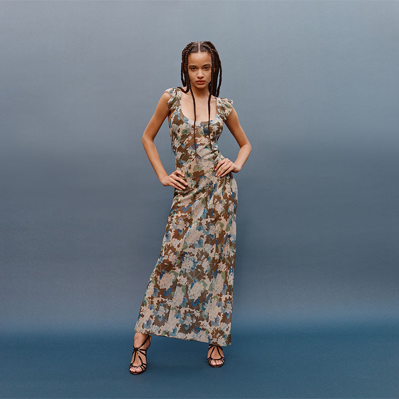Oc448m75 Basic Casual Dresses Women Silk Low Cut Dress Ruffle Edge Slim Fit Printed Skirt Summer Vacation Backless