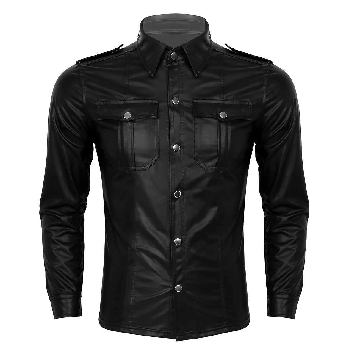 Men's T-Shirts Mens Leather Shirts Fashion PU Leather T-shirt Long Sleeve 240673