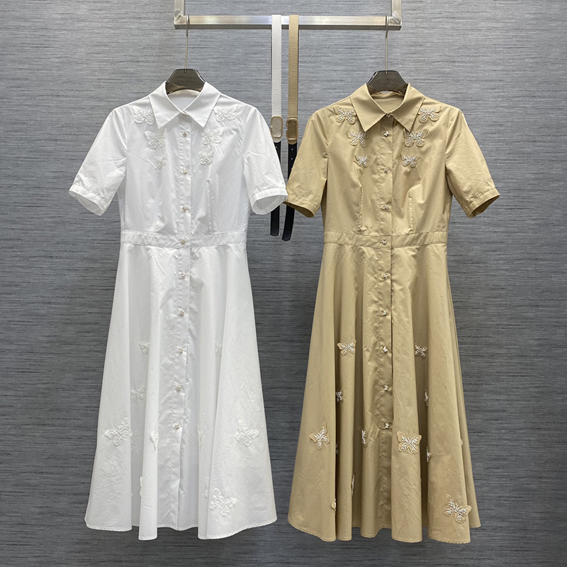 Designer Dresses Women&#039;s Send custom belts pure handmade embroidery Butterfly pearl shirt Dress Luxury Womens Cotton Casual Clothes 2024-image-987075754