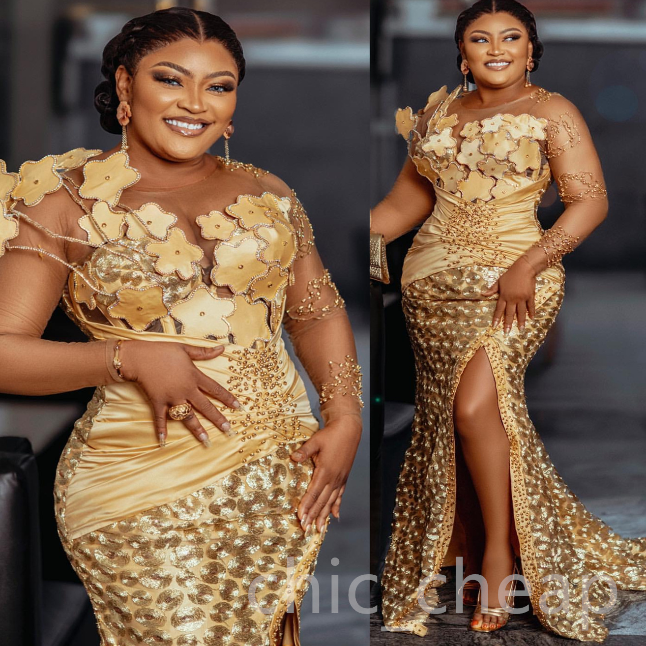 2024 Aso Ebi Plus Size Gold Mermaid Prom Dress Lace Florals Evening Formal Party Second Reception 50th Birthday Engagement Thanksgiving Gowns Dre-image-988221383