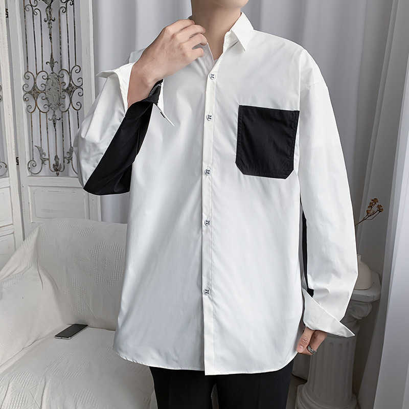 Men's Black and white splicing long-sleeved shirt for men Japanese dark trend loose casual everything with a high sense of light cooked wind-image-986932167