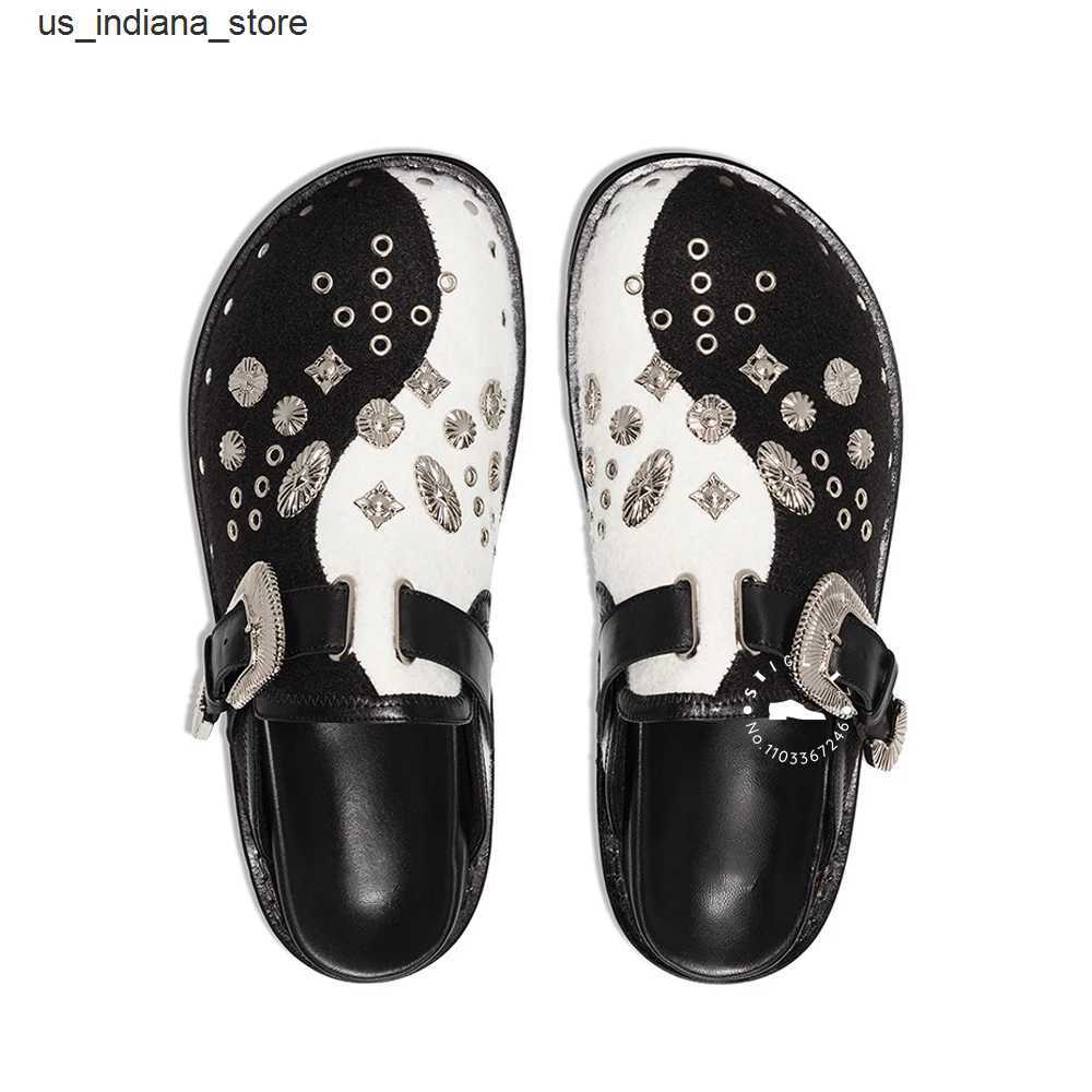 Sandals Slippers Metal Decorative Slippers Round Toe Belt Slip-On Shoes Black White Leather Slippers Comfortable Shoes Latest Style Q240608-image-987566173