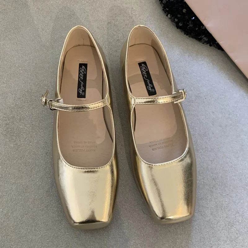 Women Mary Janes Lolita Soft Flats Lady Retro Kawaii Square Toe Silver Gold Brown Leather Kawaii Elegant Church Slipony Shoes 240607