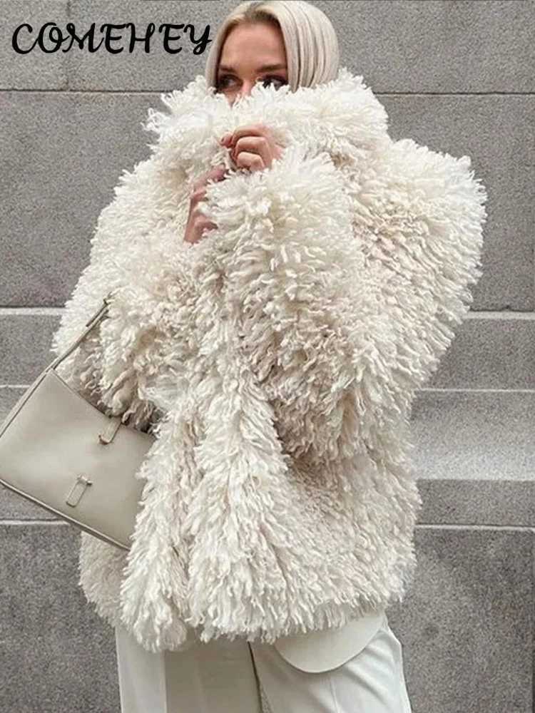 Women's Fur Faux Fur Elegant faux fur coat winter womens long flip collar large fur collar loose coat curly fur roof clothing womens top 202-image-988210101