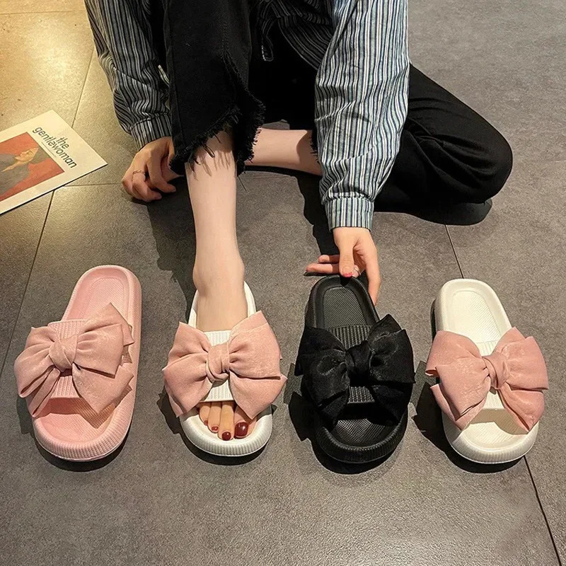Non-slip Thick-soled High-heeled Slippers with Shit-feeling Sandals Style Fashion Outer Bow Slippers for Women Summer Home 240611