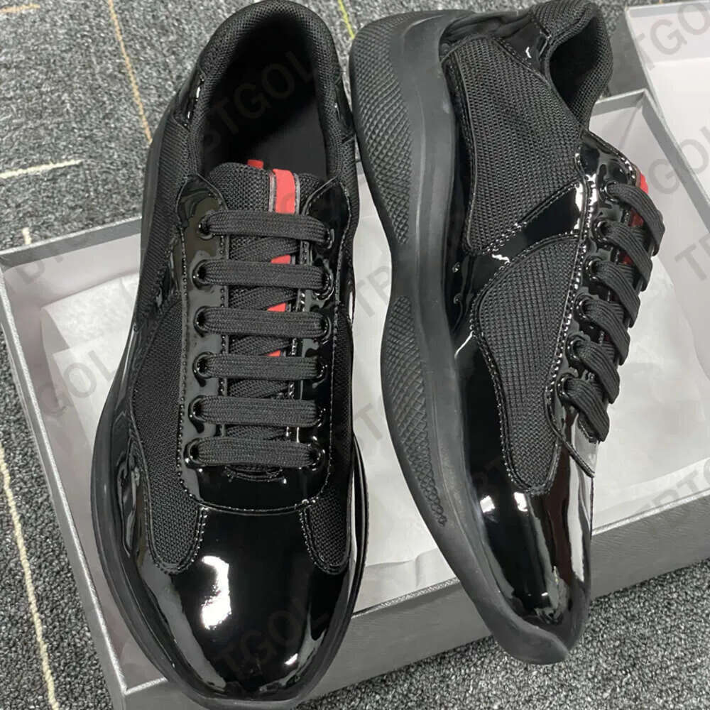 Designer Men Americas Cup Sneakers Real Leather Trainer Patent Flat Black Blue Mesh Nylon Casual Shoes With Box 53 Z250526