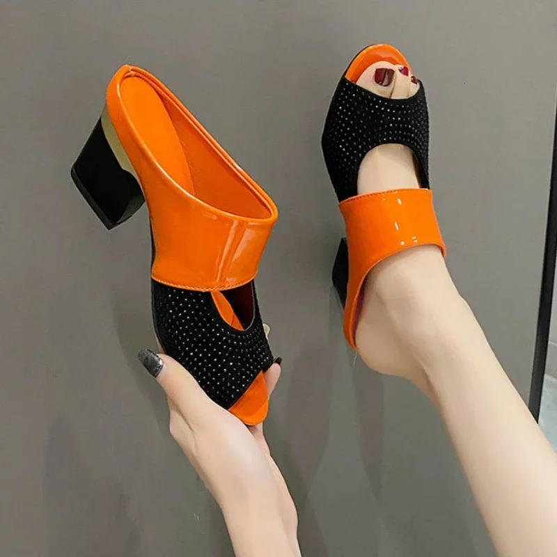 Women Sandals Square Heel Summer Shoes Woman Fashion Slides Cut-out Open Toe Slip On Mothers Sandal Female Bling Slippers 240611