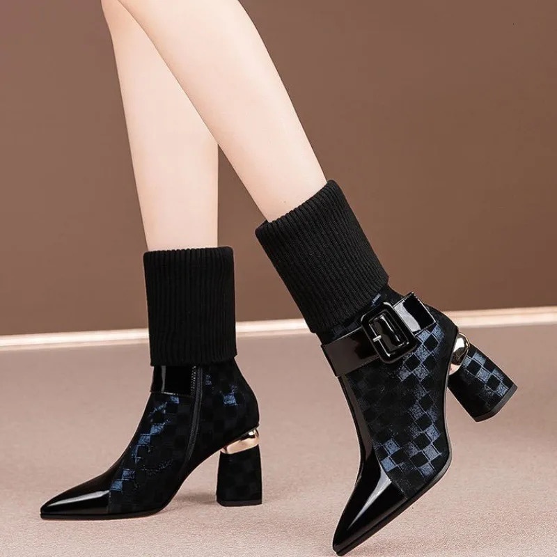 Ladies Shoes Style Thick Heel Stretch Fabric Womens Boots Winter Pointed Toe Zipper Fashion High Heel Boots Female 240613