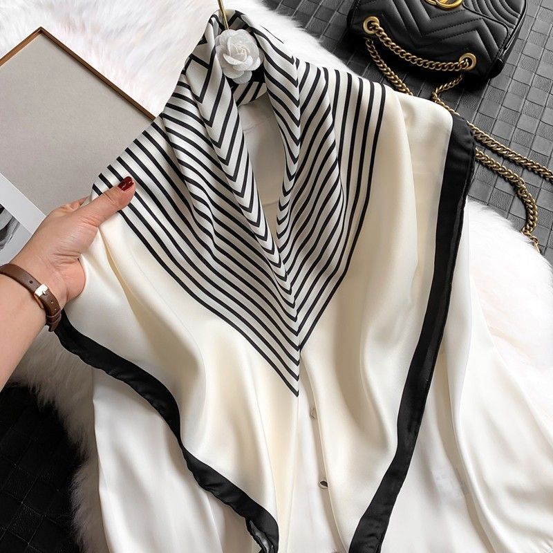 Luxury Brand Classic Simple Letter Design Satin Luxury Square Scarf Outdoor Shawl Silk Turban Beach Wrap Fashion Women Scarves 90*90cm-image-989399097