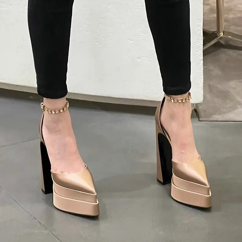 Summer Water Platform Thick Heel Pointed Toe Satin High Heels Fashion Catwalk Show Womens Single Shoes Pumps 240613-56666