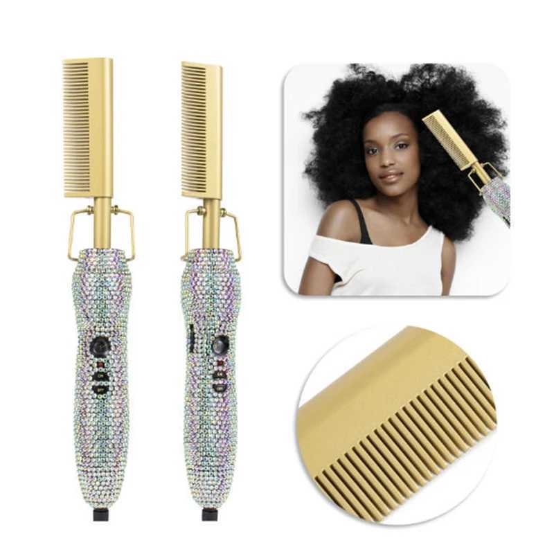 Hair Curlers Straighteners Electric Heating Comb Hair Straightening Rhinestone Hot Comb Curling Iron Heated Brush Peigne Chauffant Cheveux Peigne-image-989746789