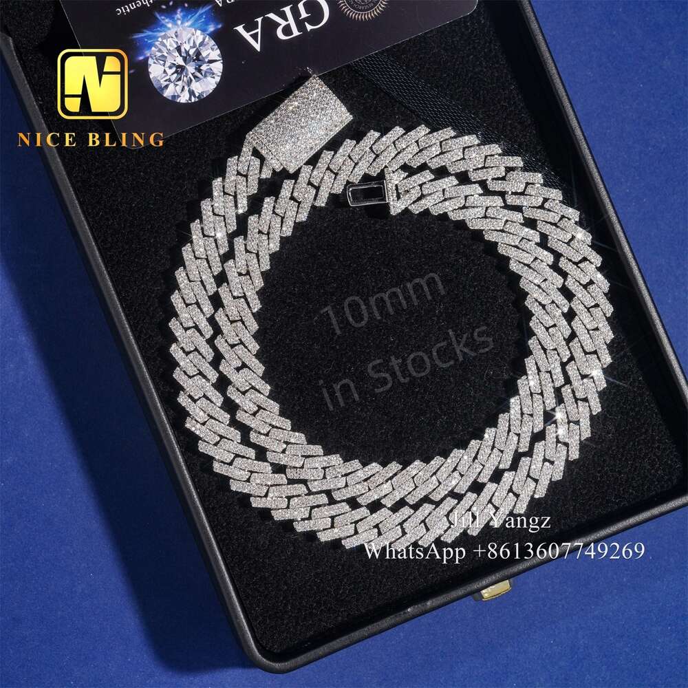 Affordable Ready To Ship 10Mm Moissanite Cuban Chain Monaco Hip Hop Jewelry Gold Plated Necklace Sier Chain-image-990141097