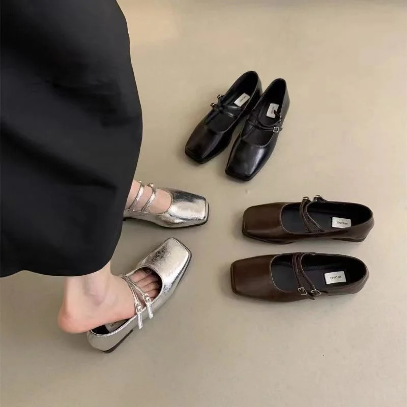 Women Square Toe Ballet Shoes Spring Fashion Flats Mary Jane Shoes Casual Silver Shallow Buckle Soft Sole Shoes Zapatos De Mujer 240614