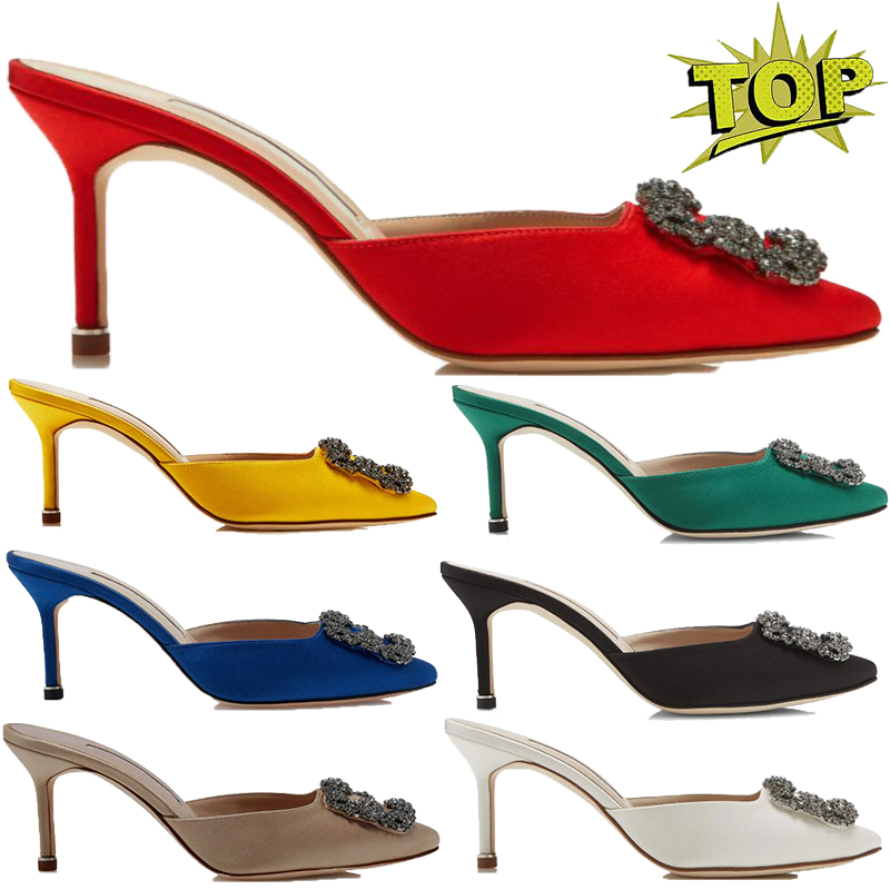 With Box high heels Hangisimu Satin Jewel Buckle Mules designer sandals 6.5cm women dress shoes fuchsia ivory beige navy blue 8cm luxury slippers 10