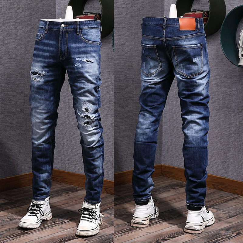 Jean bleu masculin slim fit coupe jambe vintage pantalon en jean lavé mâle
