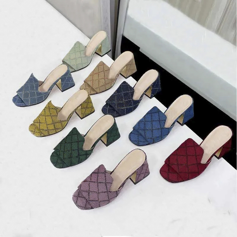 designer slipper womens Half slippers 100% leather Suede Thick heels Metal Slides woman shoe beach Lazy Sandals High heeled shoes Large size 34-4-image-913073231