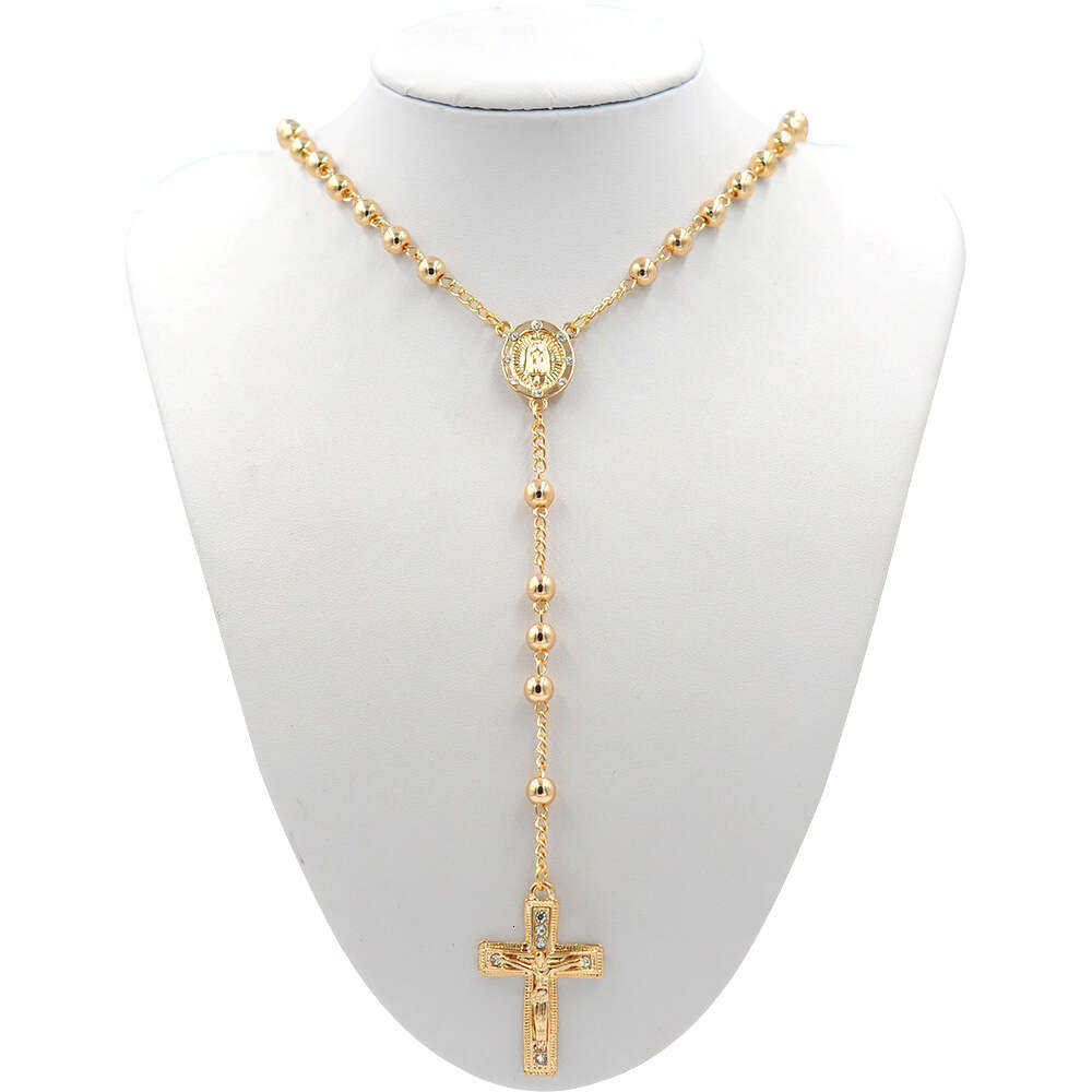 St. Benedict Gold Plated Stainless Steel Religious Long Virgin Mary Cross Catholic Rosary Necklace-image-990612679