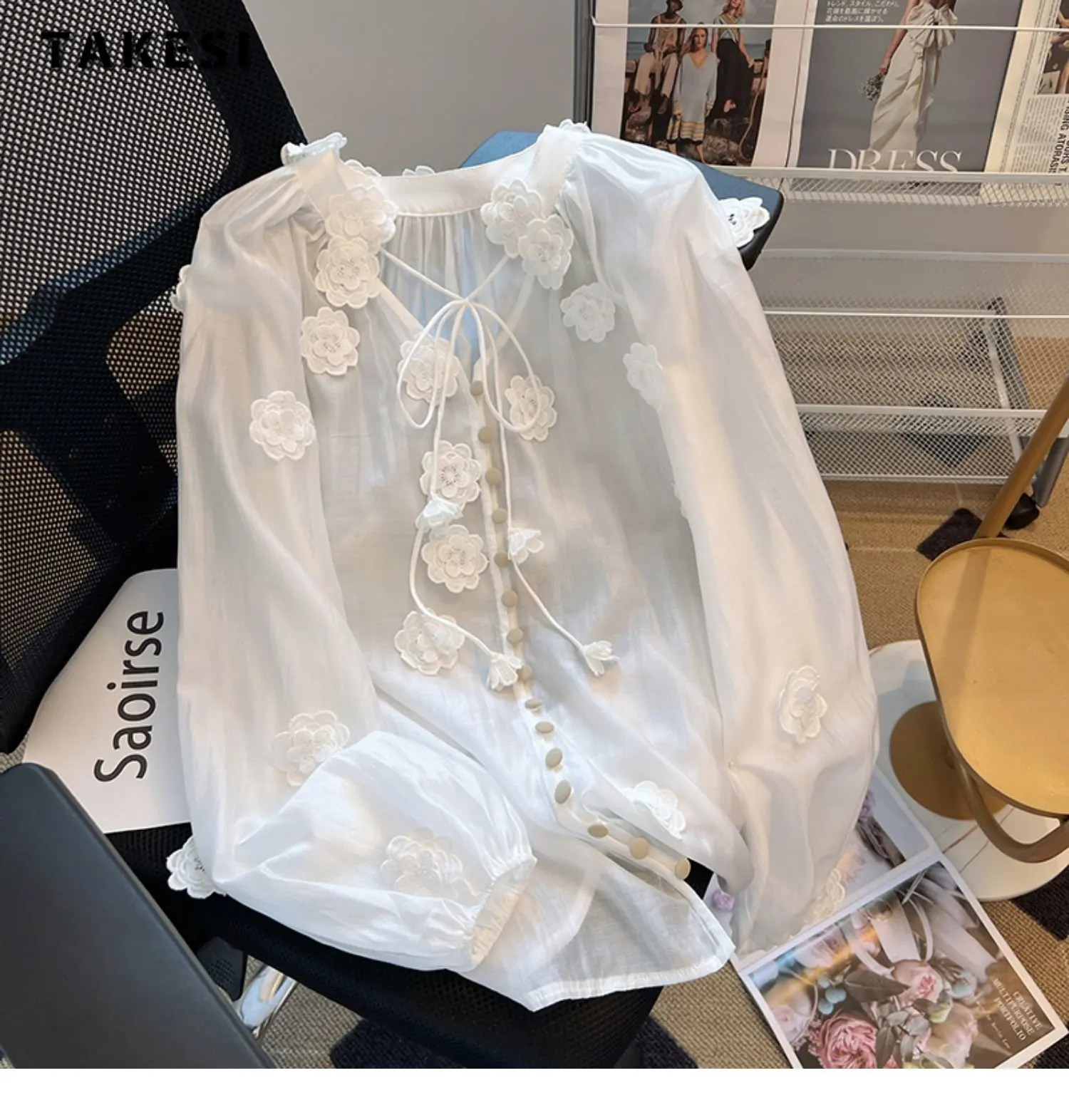 French Style Elegant VNeck 3D Floral Laceup White Blouses Summer Womens Casual Vintage Long Sleeve Chiffon Shirts Top 240617