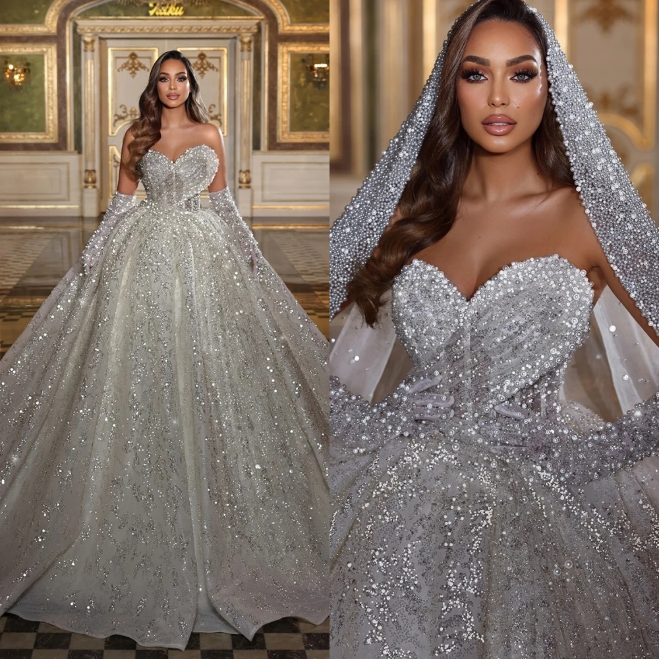 Robe de mariée princesse bustier sans manches perles cristaux traîne longue personnalisée sans gants