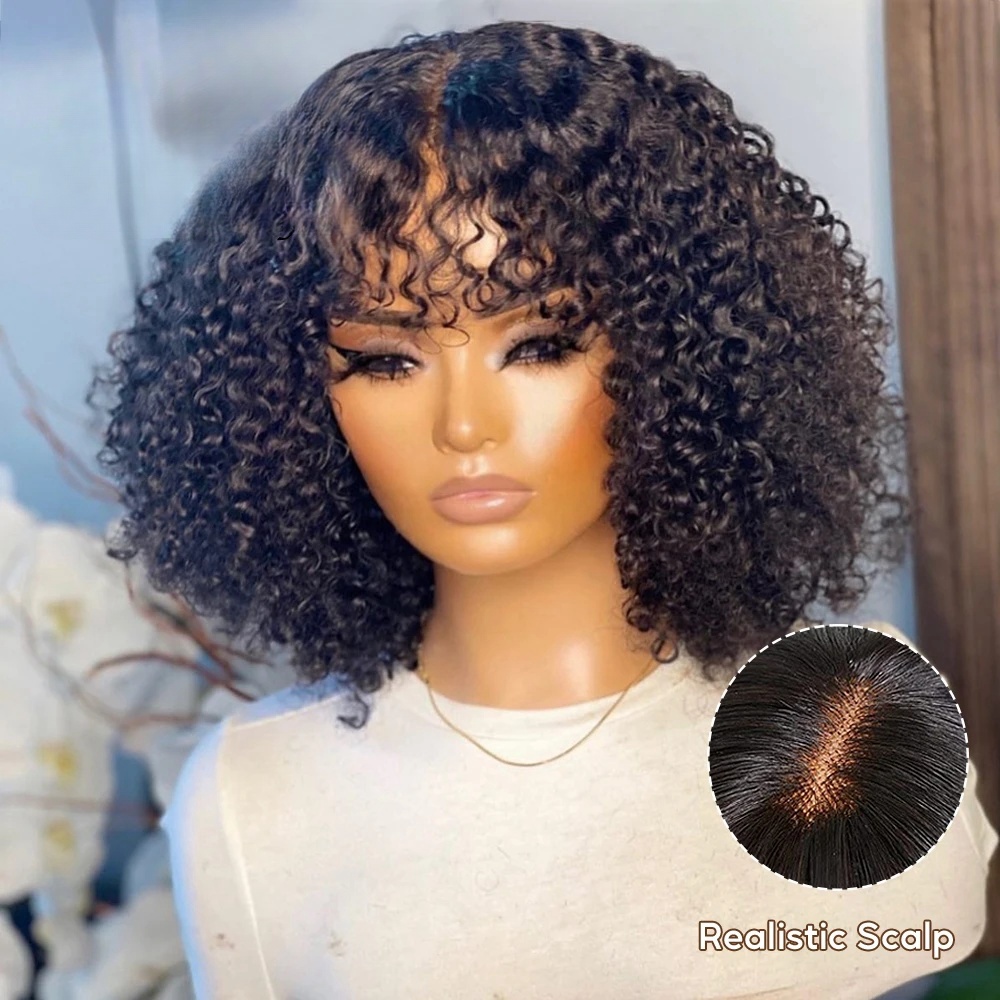 Mongolian Afro Kinky Curly Human Hair Wigs with Bangs Short Curly No Brazilian Full Lace Front Bob Wigs for Women Glueless-image-991036361