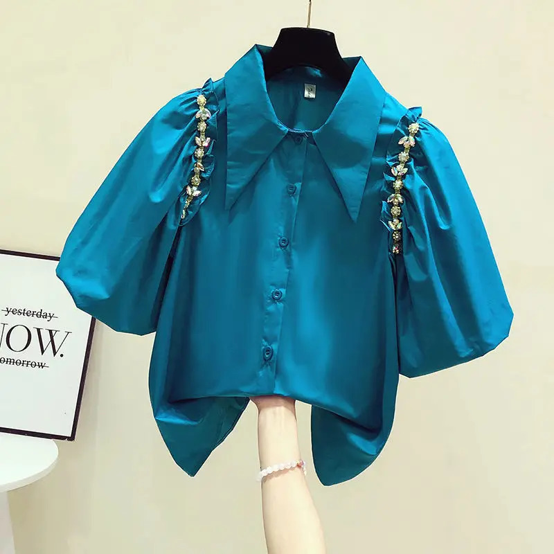 Vintage Rhinestone Blouse Fungus Lantern Short Sleeve Cotton Crop Tops Camisa Feminina Blusas Spring Women Shirts Casual Retro 240617