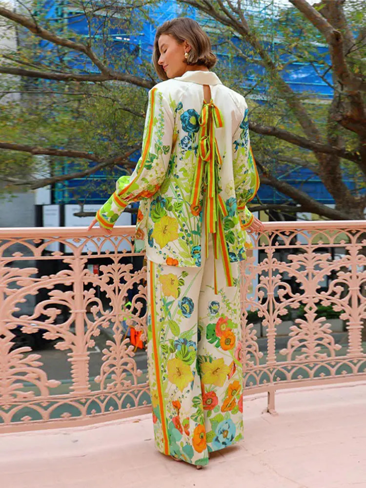 Women Causal Satin Floral Print Pants Set Fashion Lapel Back Hollow Lace Up Long Sleeve Buttons Shirt Suit Lady Street Outfit 240617