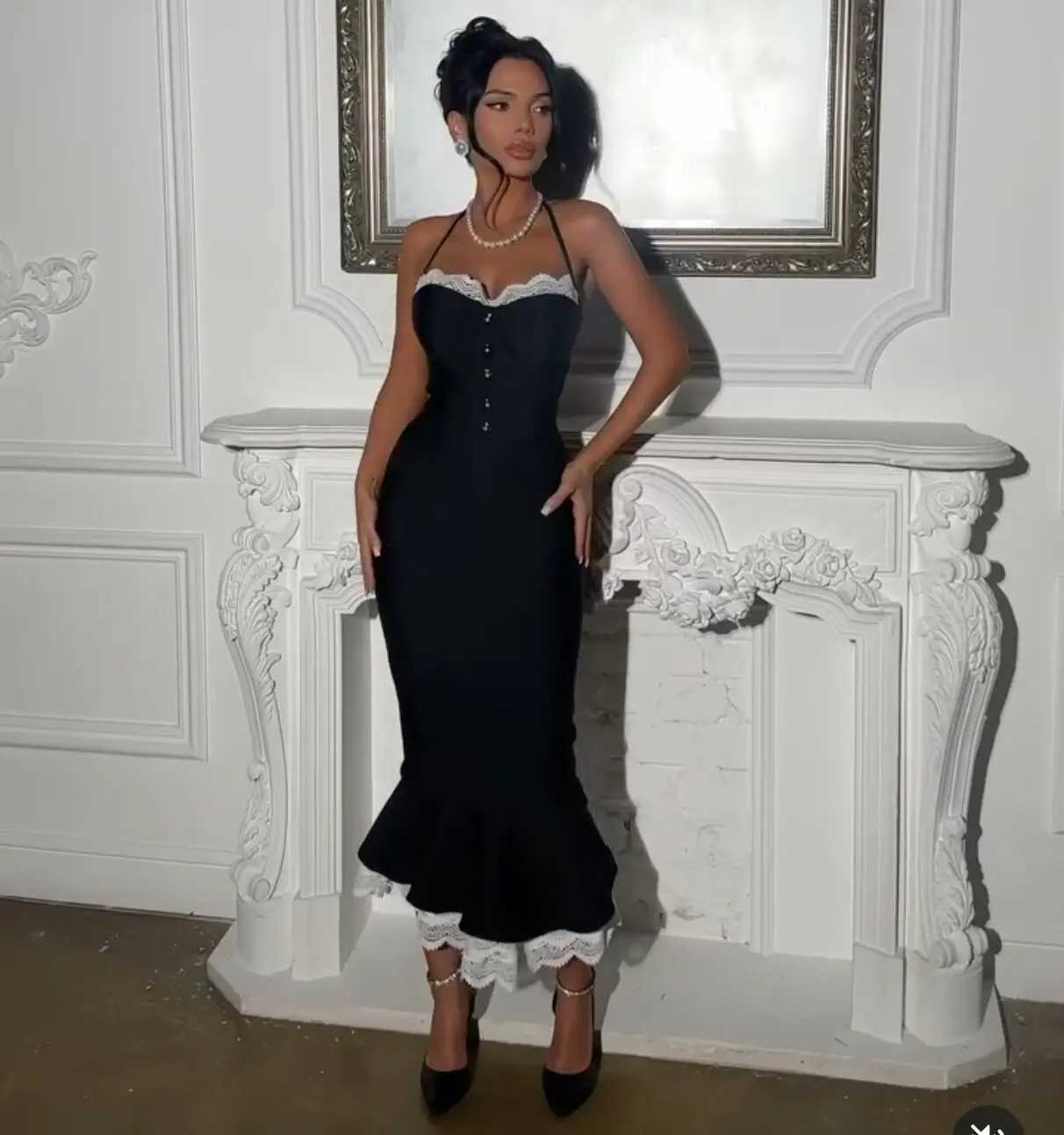 Runway Dresses New White Lacework Buttons Halter Package Hips Black Mermaid Bandage Dress Garceful Woman Evening Party Dress Dateing Vestido Y240-image-992045957