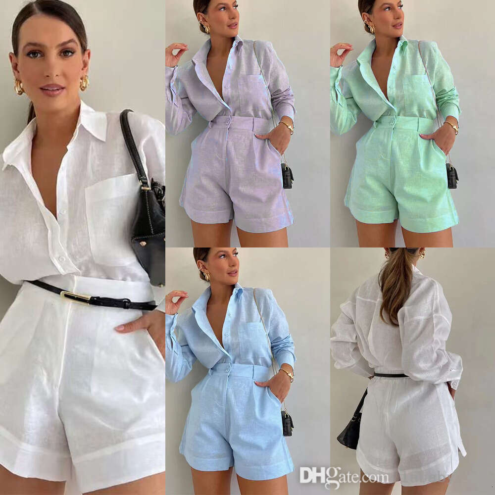 2024 New Elegant Womens Tracskuit Summer Fall Women Designer Two Piece Short Sets Full Sleeve Lapel Neck Shirt Loose Shorts Set 2Pcs Casual Suit-image-991990610
