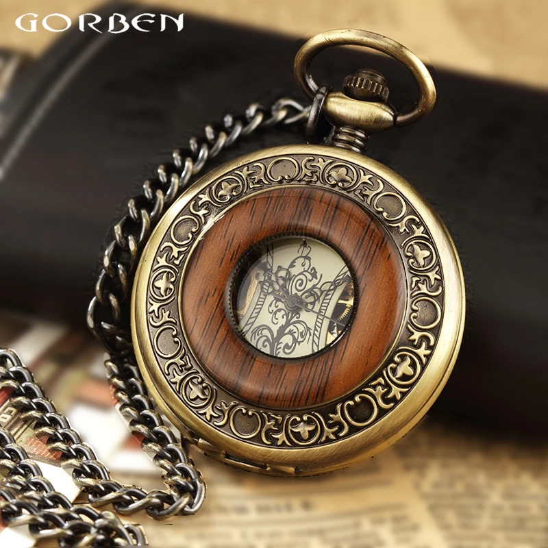 Box Package Solid Wood Mechanical Pocket Watch FOB Chain Locket Dial Hollow Steampunk Skeleton Men Women Mens Male Clock Watches 240617