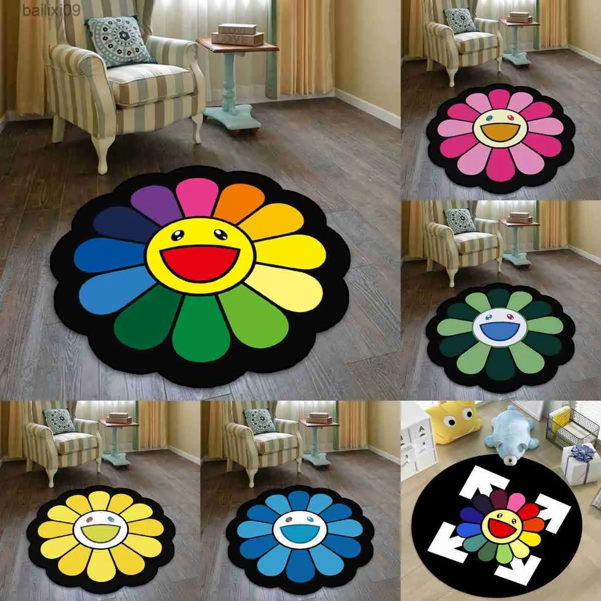 Carpets Sun Flower Round Carpet for Bedroom Bedside Living Room Area Rug Lint-free Doormat Chair Mats Fashion Floor Mat Anti-skid M260207-image-1094512670