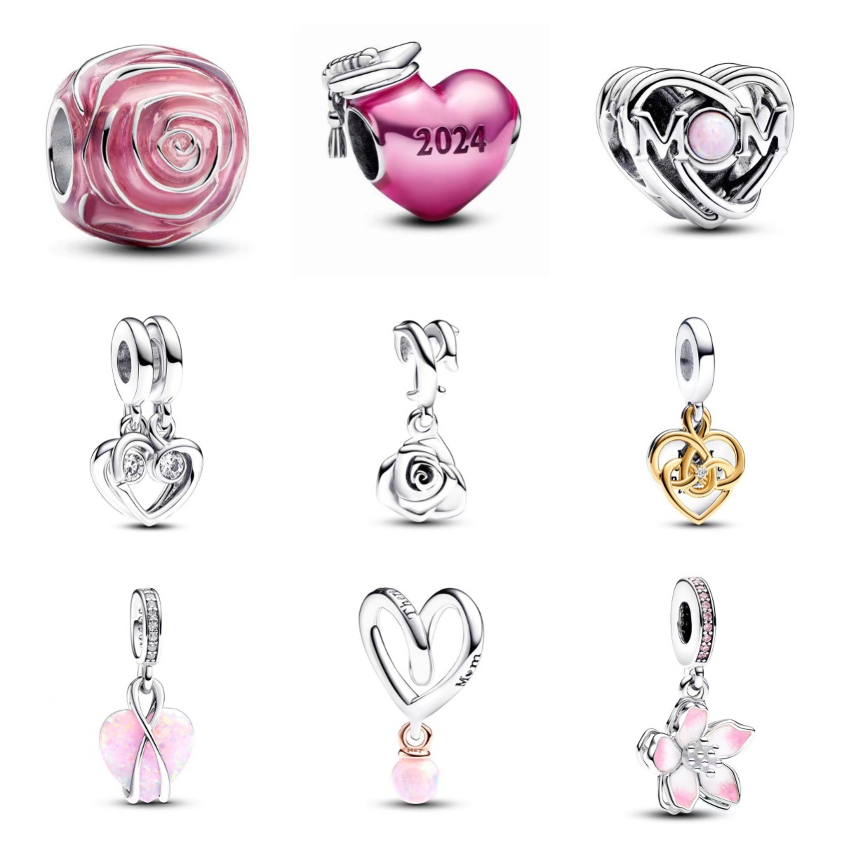S925 Sterling Silver Charms 2024 Mother&#039;s Day Love You Mom Double Love Heart Rose Flower Charm Beads Fit Original Bracelet DIY Women resin n-image-992199989