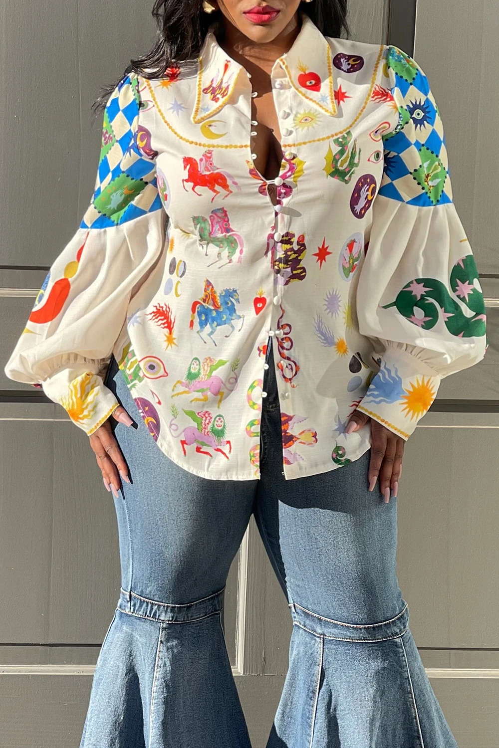 Womens Plus Size Shirts Lantern Sleeve Button Stand Collar Vintage Casual Elegant Pattern Print Balloon Long Blouses 240617