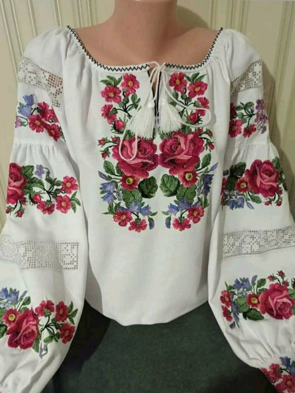 Plus Size Flower Print Lantern Sleeves Boho Blouse Sexy Lace Tassel O Neck Hollow Out Women Tops Spring Summer Chic Blouses 240617