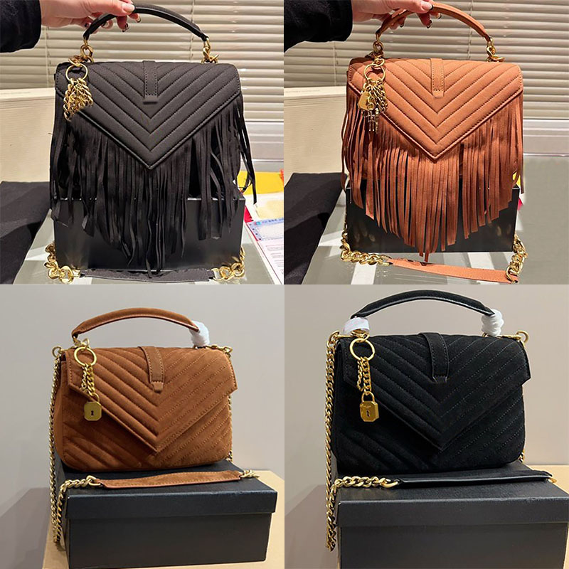 College Chain Bag Suede Tassels Chevron Quilted Overstitching Top Handle Leather Crossbody Handbag Luxury Women Flap Magnetic Closure Shoulder Bags