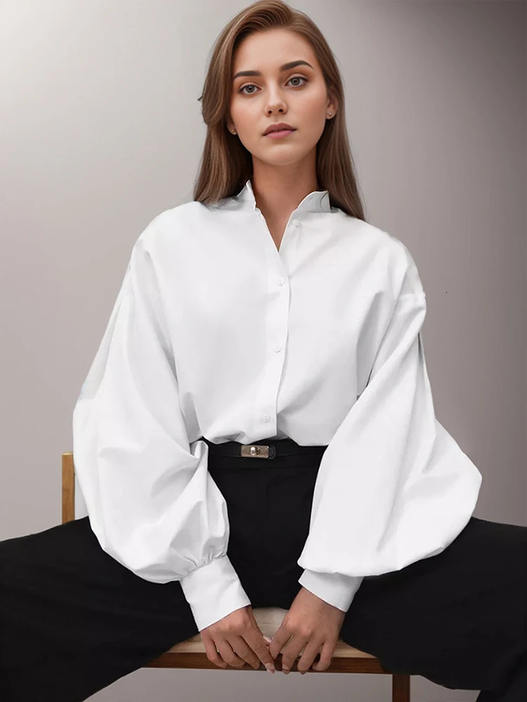 YAMIKO Spring Lantern Long Sleeve Blouse Office Lady White Stand Collar Shirts Women Fashion Casual Button Up Tops 240617