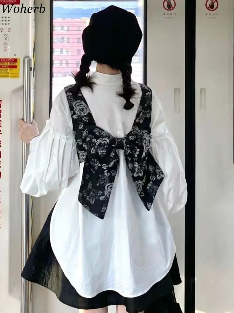 Y2K Two Pieces Outfits for Women Vintage Shirts Fashion Puff Sleeve Blouses Loose White Shirt Tops Bow Vest Korean 2 Piece Set 240617