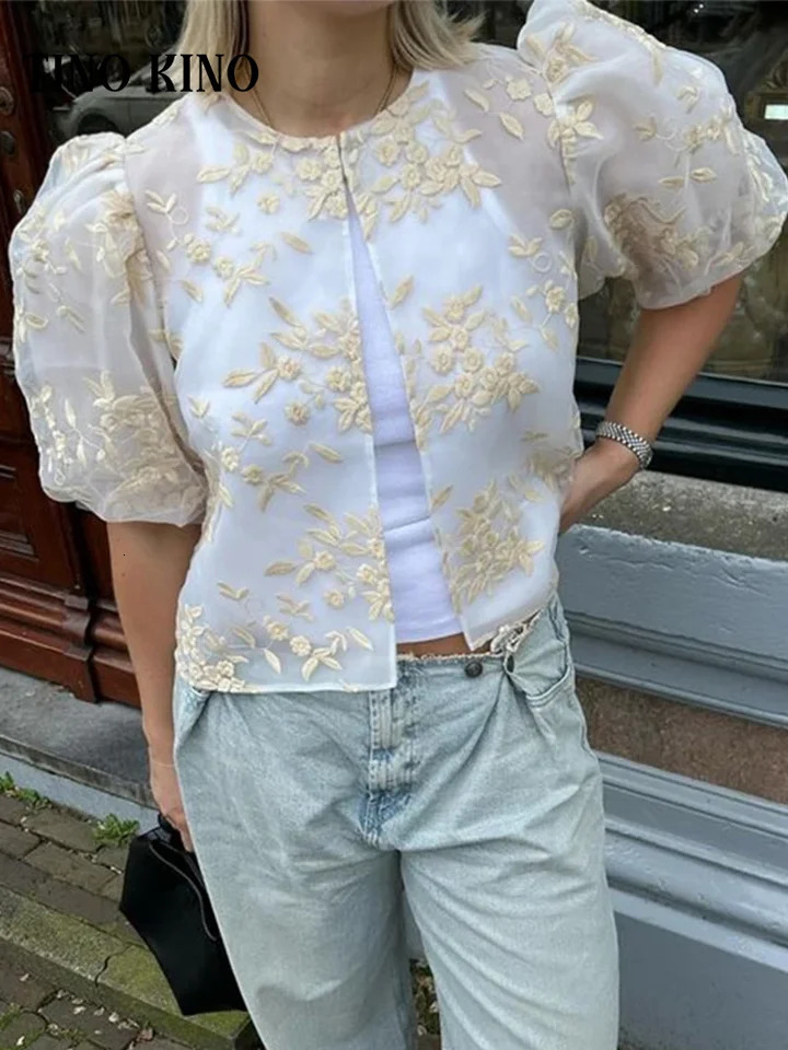 Lace Elegant Embroidery Shirts Women See Through Lantern Short Sleeve Oneck Blouses Summer Lady Tops Chic Streetwear 240617
