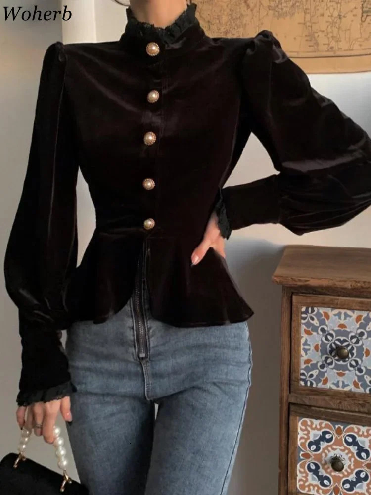 Woherb Korean Vintage Lantern Sleeve Blusa Lace High Neck Pearl Button Black Slim Elegant Fashion Velvet Blouse Women Crop Shirt 240617