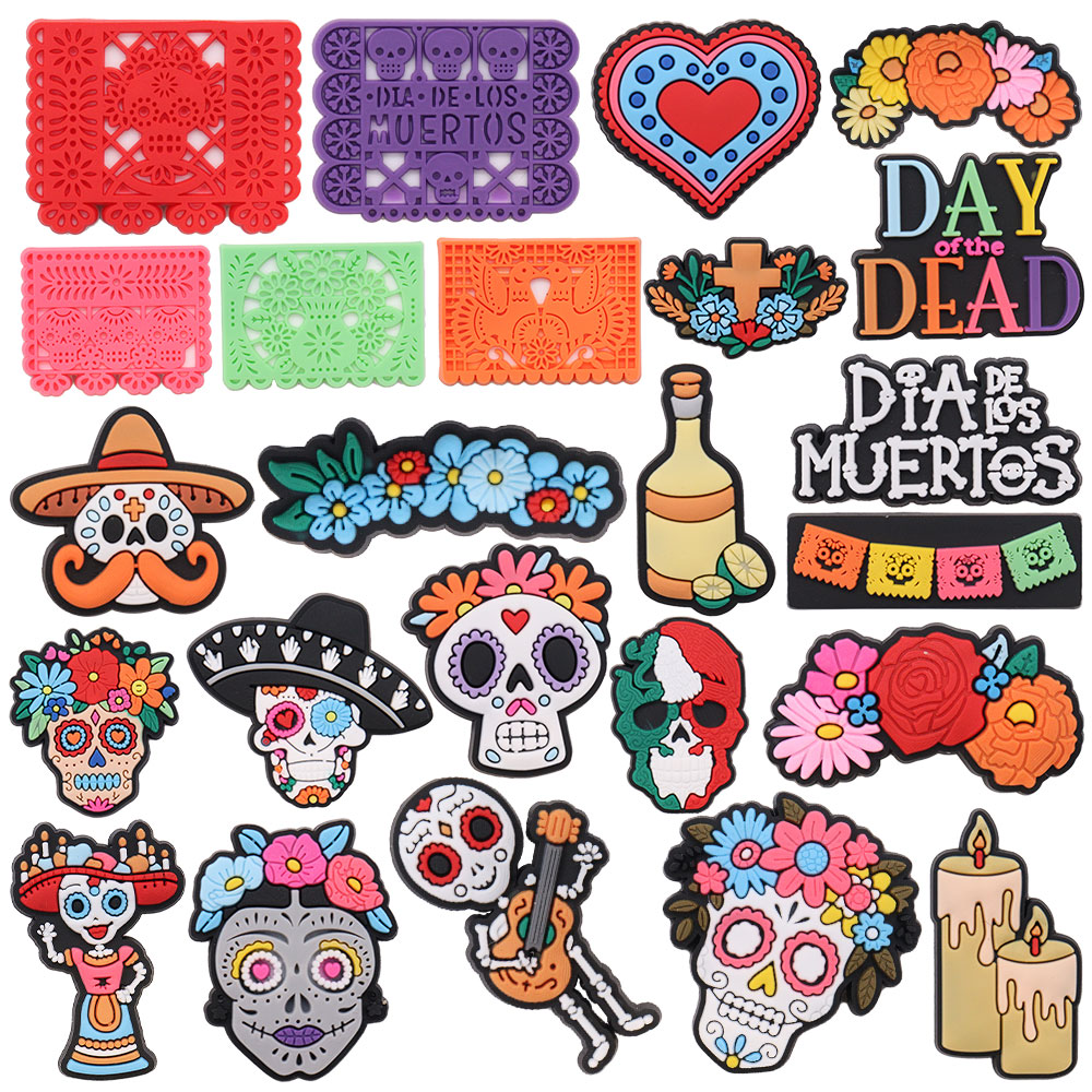 50Pcs Wholesale Day of the Dead Candle Skull Beautiful Flowers Shoes Buckle Charms Accessories DIY Wristband
