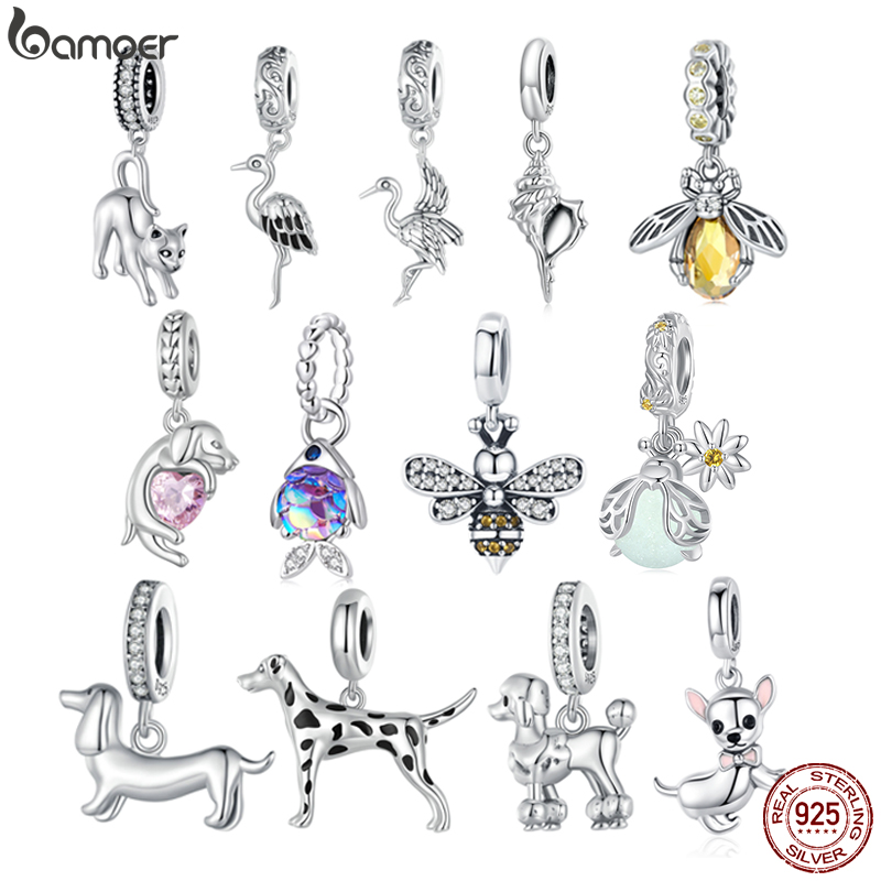 Bamoer 925 Sterling Silver Vivid Cat Pendant Charms Cute Animal Charms for Women Girls Bracelet & Bangle DIY Fine Jewelry SCC259