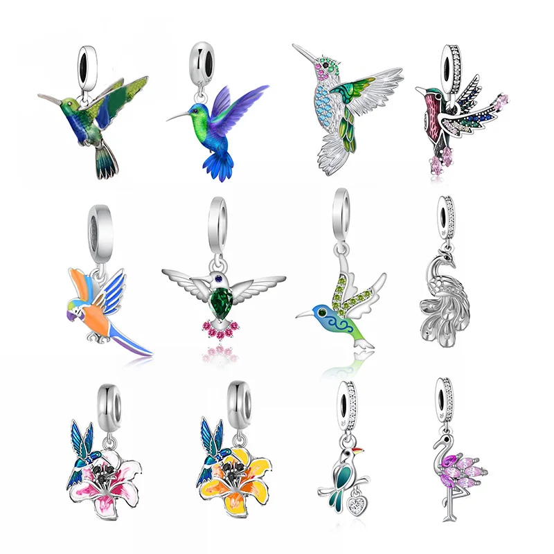 Fit Original Pan Charm Bracelet 925 Sterling Silver Flower Bird Hummingbird Kingfisher Parrot Bead For Making Women Berloque DIY