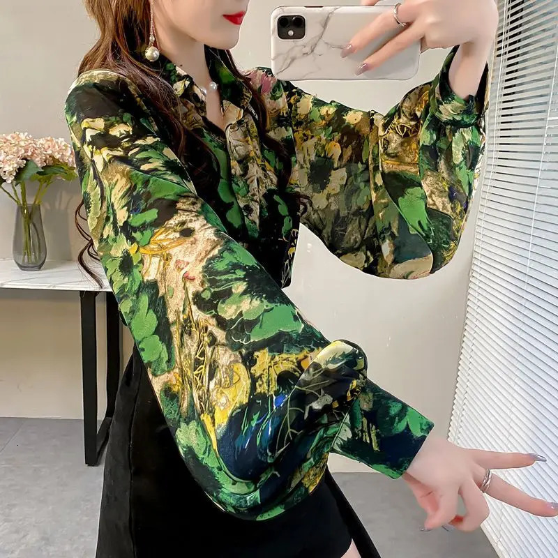 Vintage Floral Printed Commute Ladies Party Blouses Tops Spring Autumn Womens Elegant Lantern Long Sleeve Loose Button Up Shirt 240617