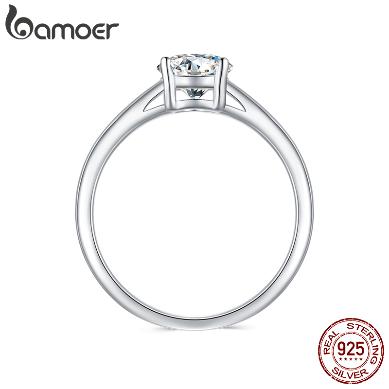 BAMOER Moissanite Ring for Women, 925 Sterling Silver with Platinum Plated Engagement Ring Solitaire 4 Prongs Eternity Band