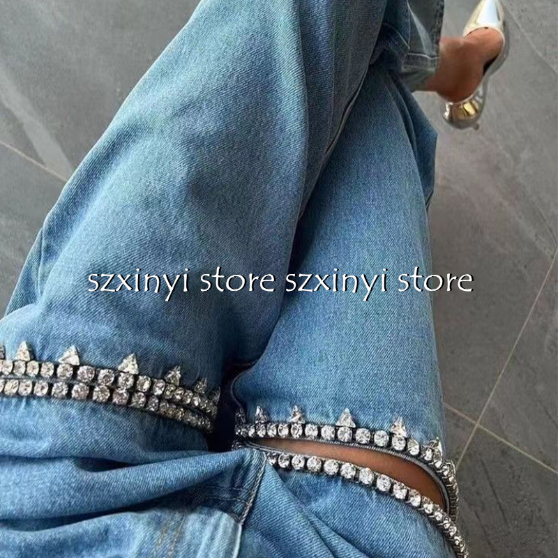 Fashion Drilled Perforated Women's Jeans Denim Fabric Long Pants-image-719983099