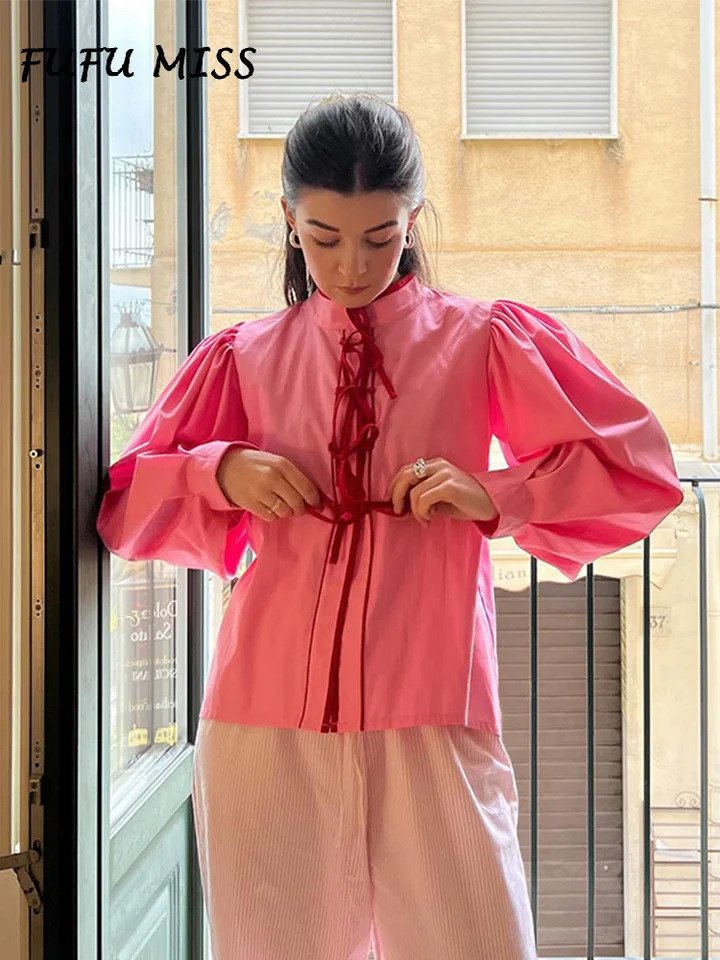 Elegant Lace Up Patchwork Blouses For Lady Pleated Long Lantern Sleeve Pink Bow Women Shirts And Summer Clothes 240617