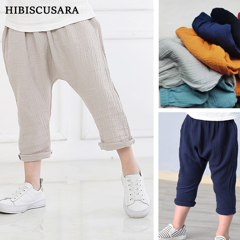 Kids Summer Long Pants Thin Gauze Boy Girl Solid Trousers Children Ankle-length Pleated Linen Casual Loose Harem Pants for Baby