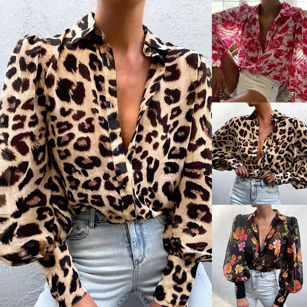 Camicia da donna del colletto di ritorno a spalla versate spalle a pieghe per lanterna per leopardo floreale stampa abbigliamento da donna vintage 2