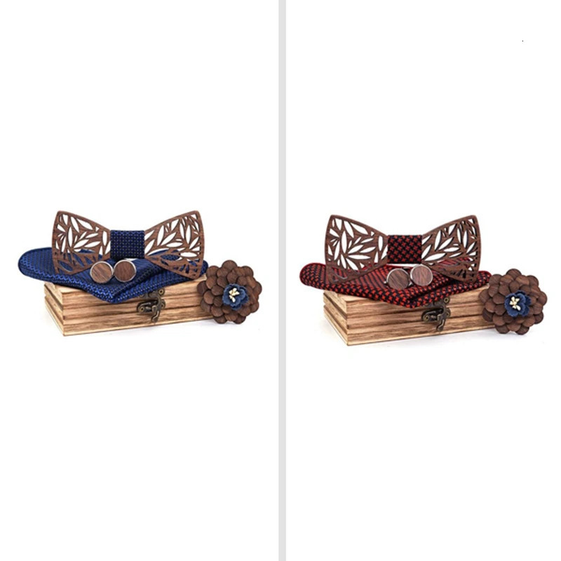 Handmade Mens Wood Bow Tie With Matching Pocket Square And Mens Cufflinks Set 240624