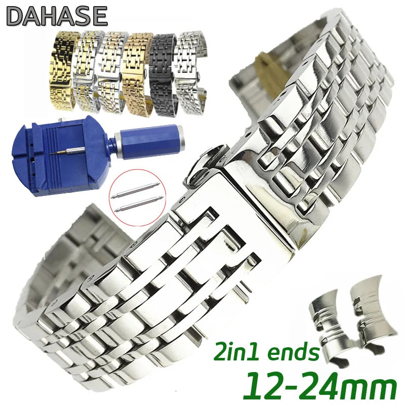 2in1 gebogener gerade Edelstahl -Uhrengurt 12 14 15 16 17 18 19 20 22 26 26 24 mm Schwarzer Ersatz -Uhren -Band Armband 240624