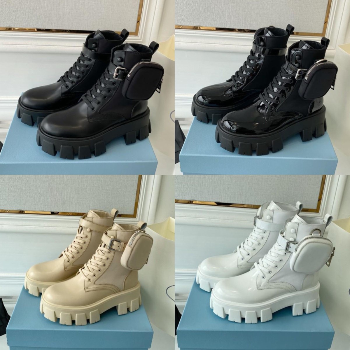 Designer Women Boots Monolith Ankle Winter boot Black Re-Nylon Brush Leather Booties Platform Sole Ankle-high Lady Motorcycle Boots size 35-40-image-994645663